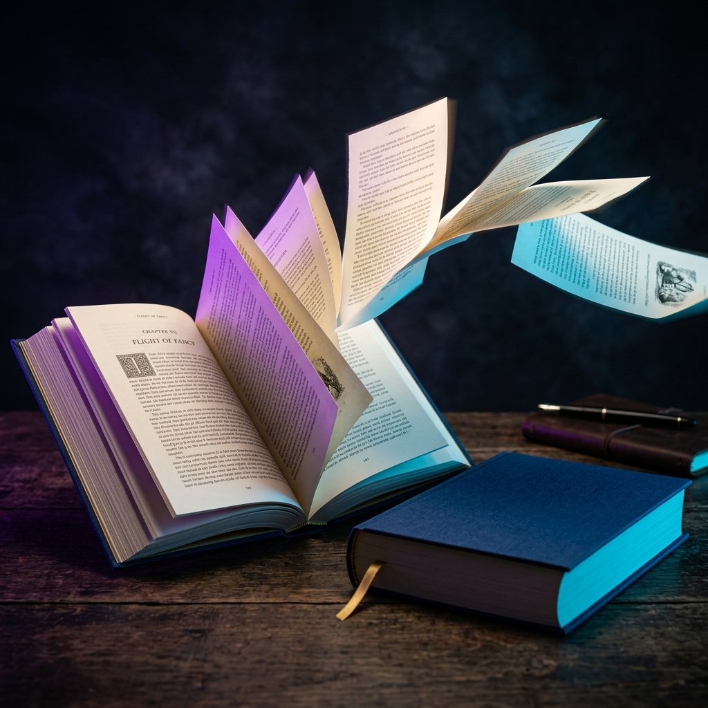 Livros impressos com páginas flutuando e iluminação premium